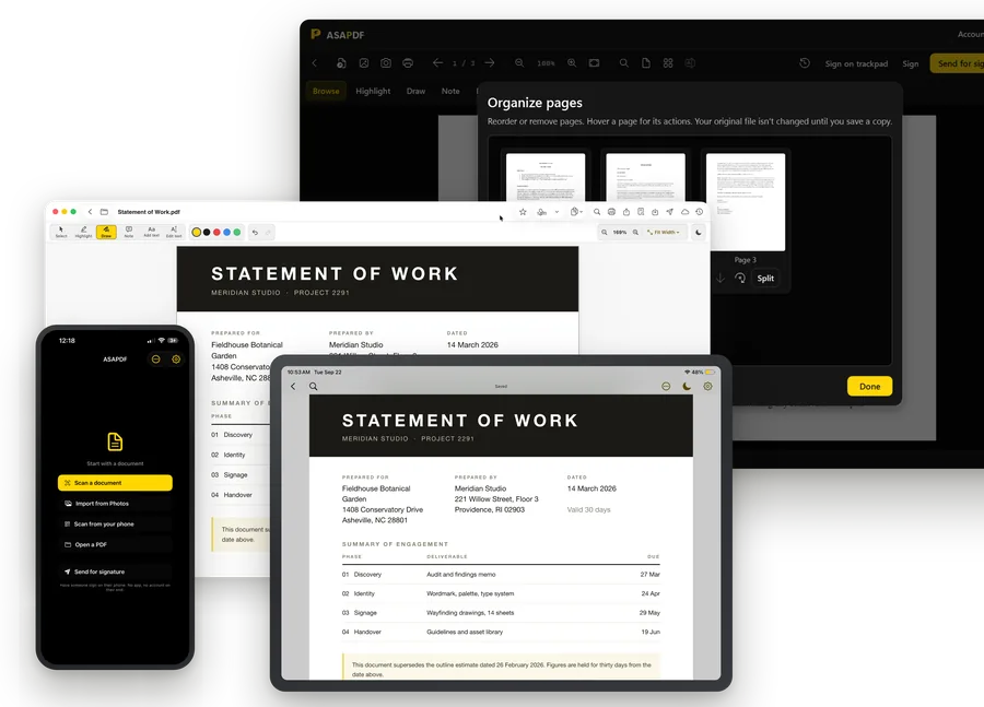 ASAPDF on a phone, a Mac, an iPad and a Windows PC, with the same statement of work open.