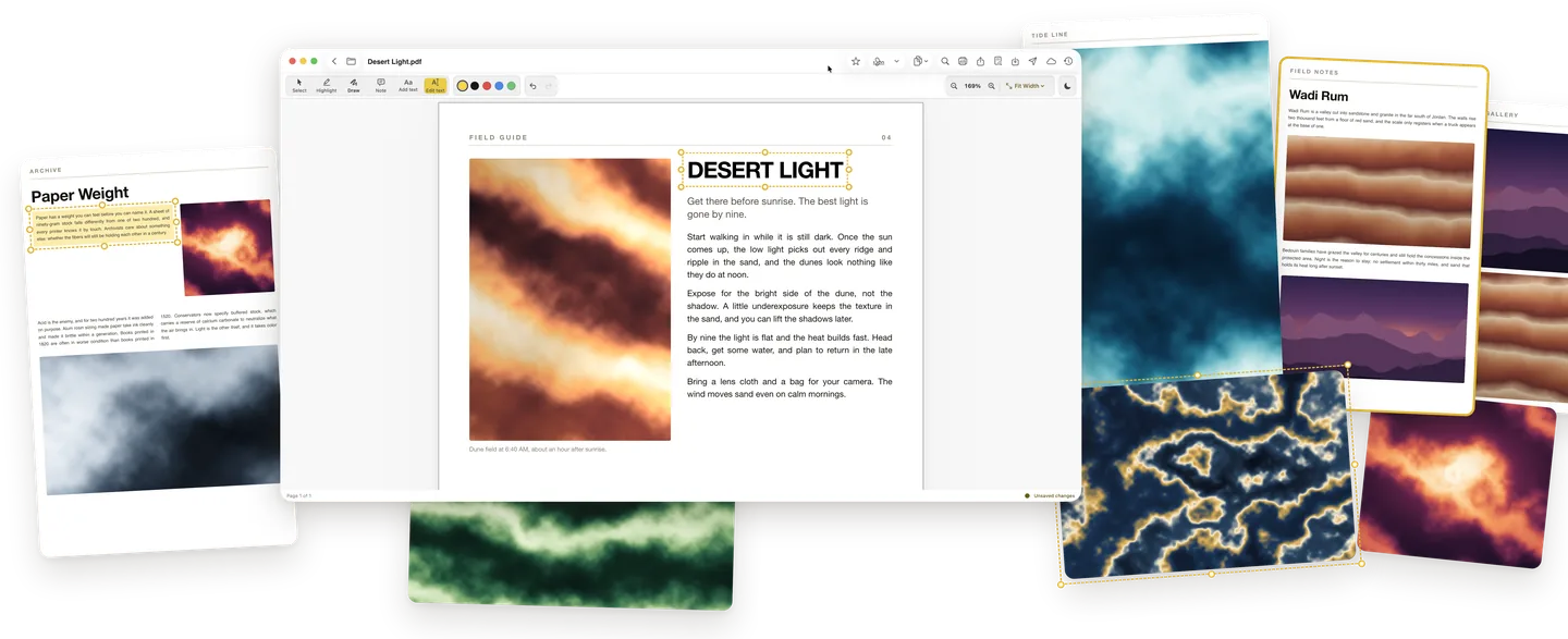 ASAPDF editing a magazine page: the headline selected for editing, surrounded by other pages with placed images.
