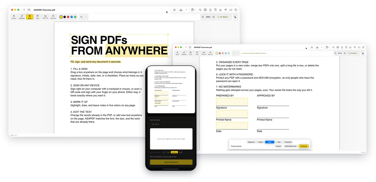 ASAPDF on two Mac windows and a phone: a document being filled with signature, name and date boxes, and a signature being drawn on the phone.
