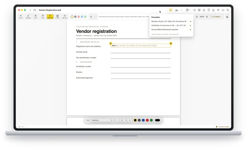 ASAPDF on a Mac: the first letters of a saved address typed into a form field, with the rest offered in grey and the Favorites list open.