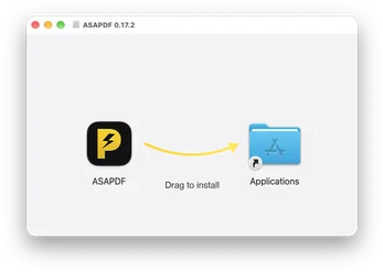 The ASAPDF disk image window: drag the ASAPDF icon along the arrow onto the Applications folder to install.