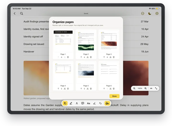 ASAPDF on iPad: the Organize pages sheet showing six pages with move, split and delete controls.