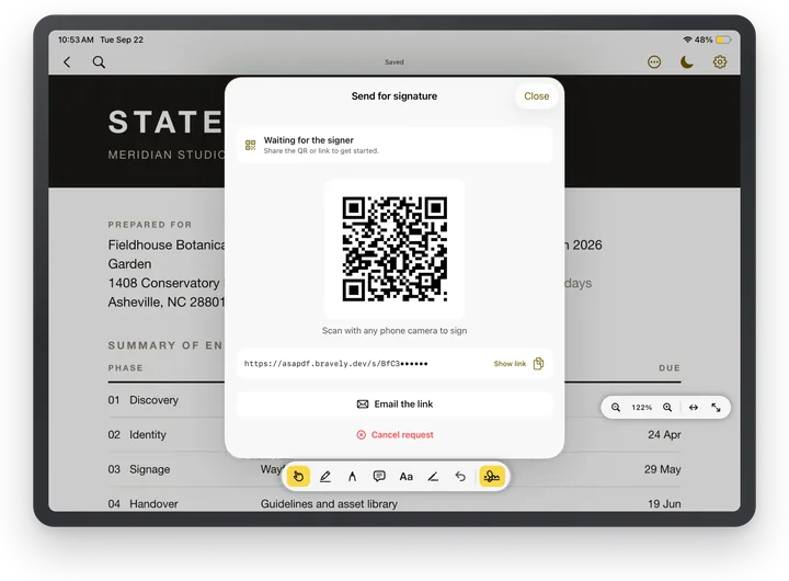 ASAPDF on iPad: the Send for signature sheet with a QR code, a signing link and Email the link.