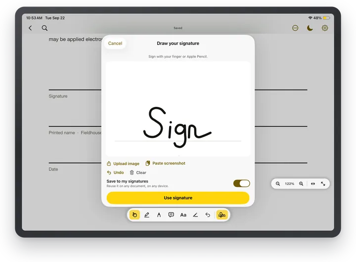 ASAPDF on iPad: the Draw your signature sheet with a signature drawn and Save to my signatures switched on.