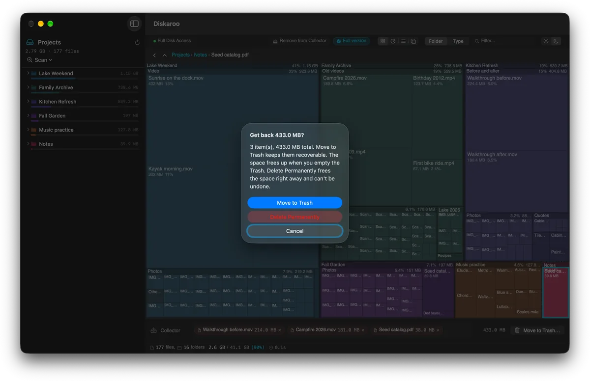 The Collector’s confirmation, "Get back 433.0 MB?", with three choices: Move to Trash, Delete Permanently and Cancel.