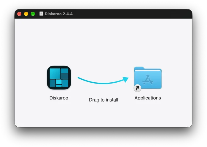 The Diskaroo disk image window: drag the Diskaroo icon along the arrow onto the Applications folder to install.