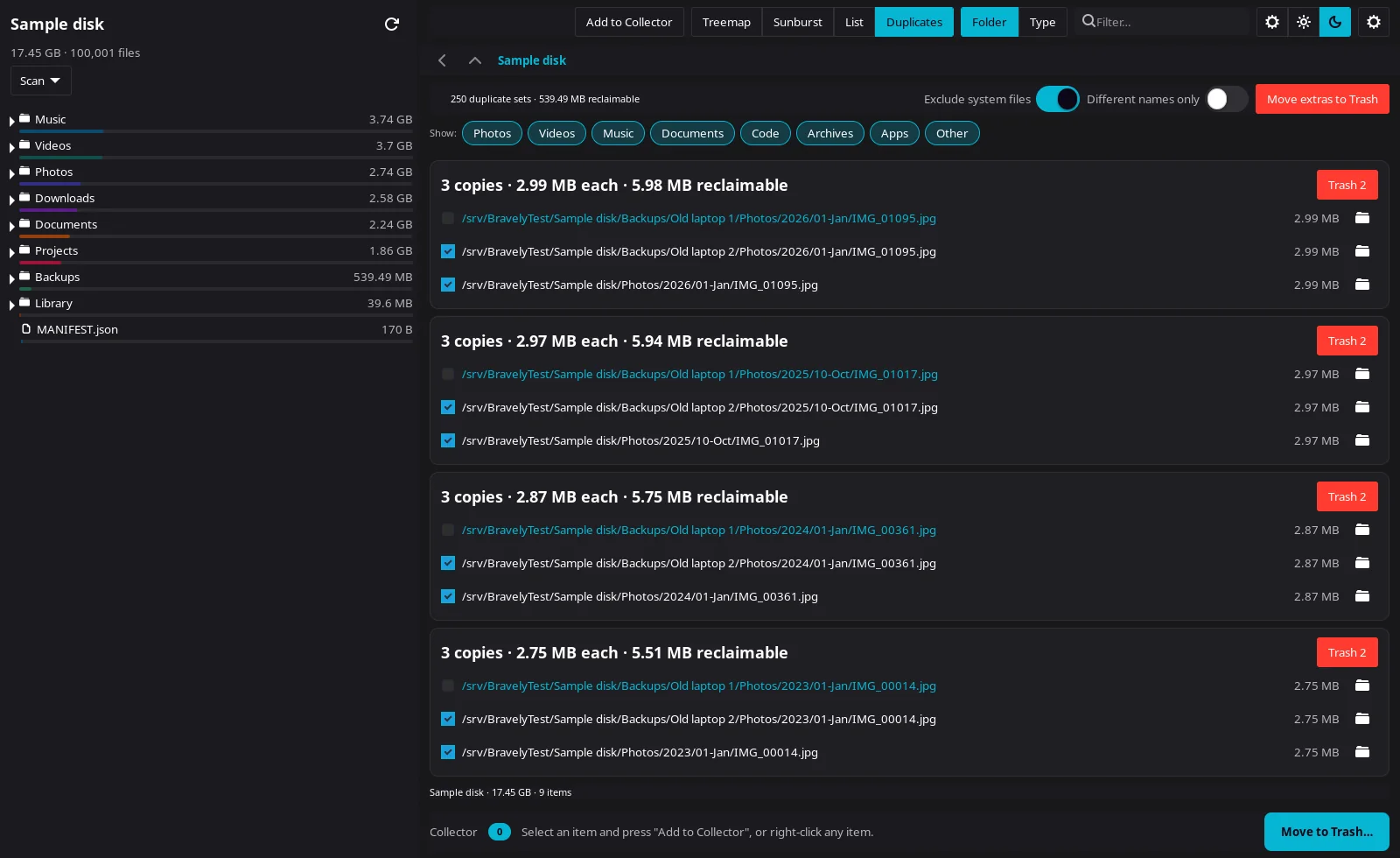 Diskaroo's duplicate finder on Linux listing sets of three identical photos with their full paths, 250 duplicate sets and 539.49 MB reclaimable