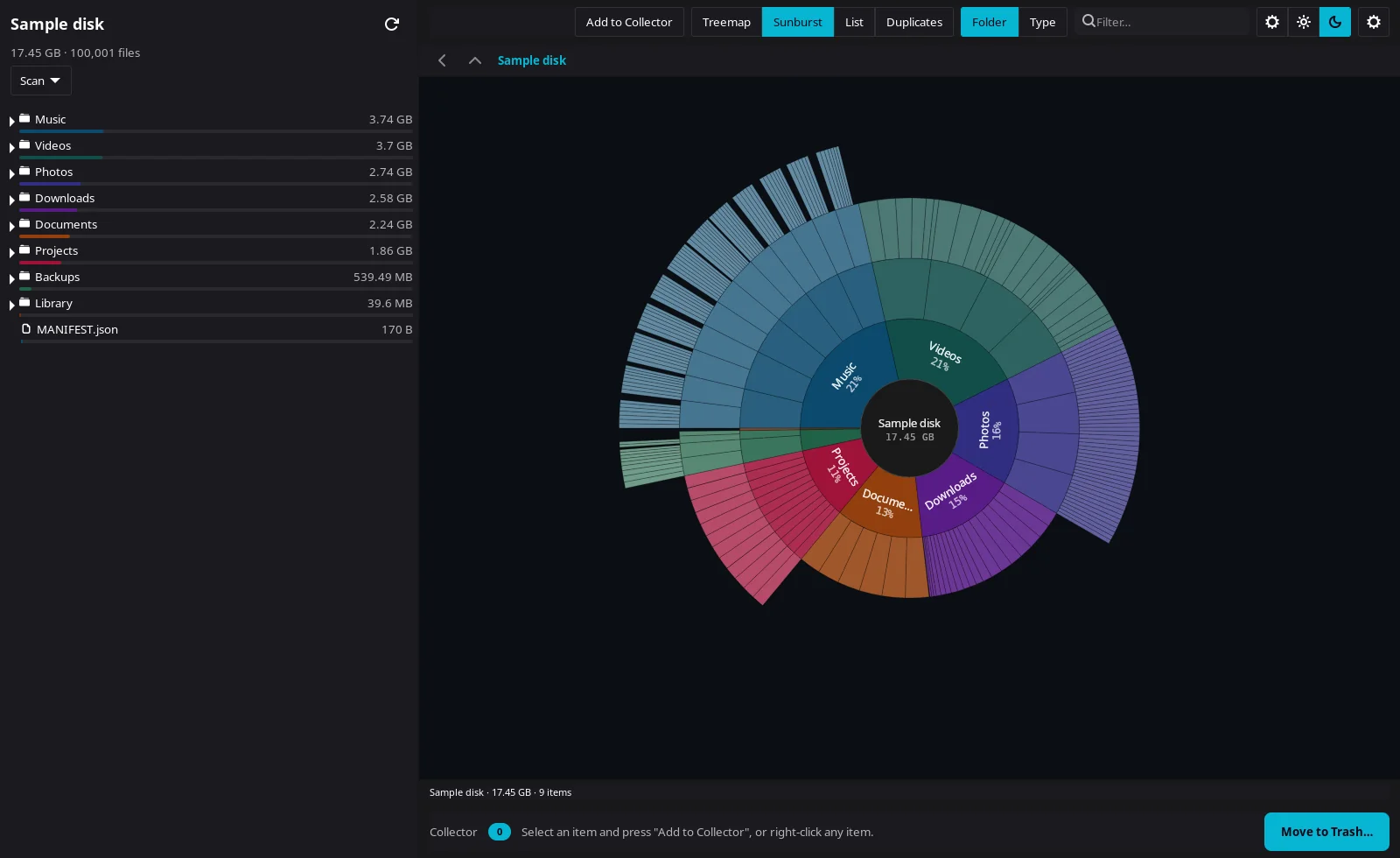 Diskaroo on Linux showing the test folder as a sunburst chart around a 17.45 GB center