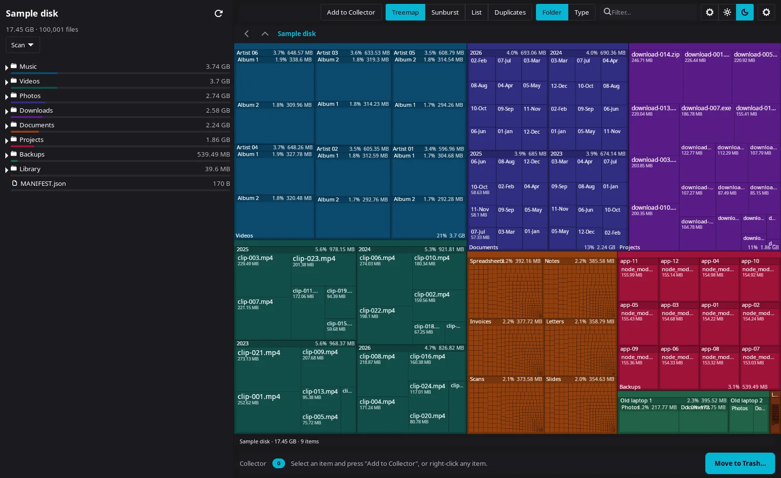 Diskaroo on Linux showing a dark treemap of the same 100,000-file test folder, 17.45 GB, with the folder list and sizes in the sidebar