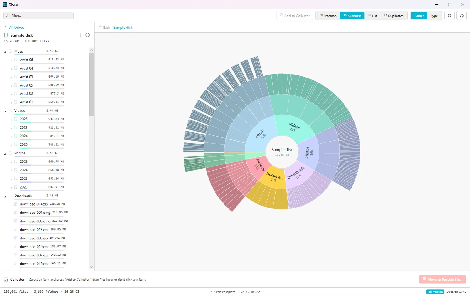 Diskaroo on Windows 11 showing the same scan as a sunburst chart, with rings for Music, Videos, Photos, Downloads, Documents and Projects around a 16.25 GB center