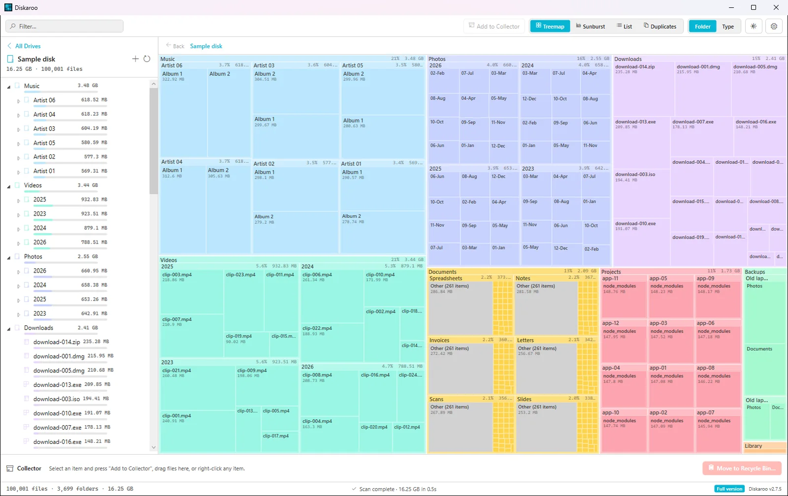 Diskaroo on Windows 11 showing a treemap of a 100,000-file test folder, with Music, Videos, Photos and Downloads drawn as the largest blocks and each folder's size listed in the sidebar