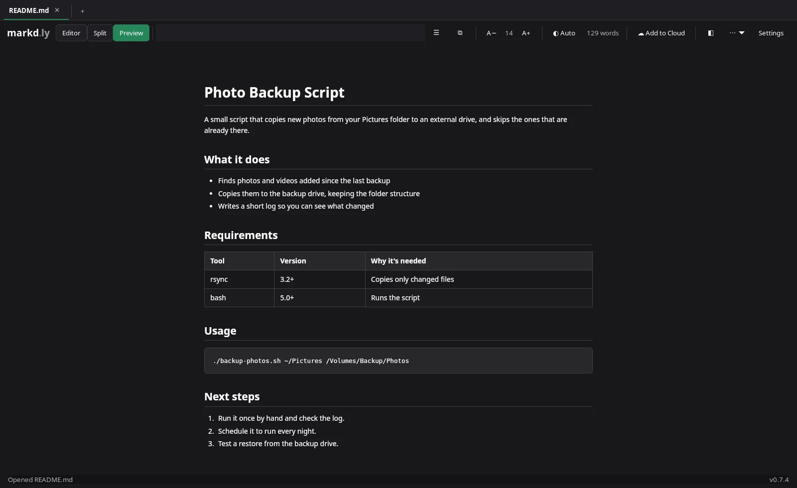 Markd.ly on Linux showing the README in Preview, with its table and code block formatted