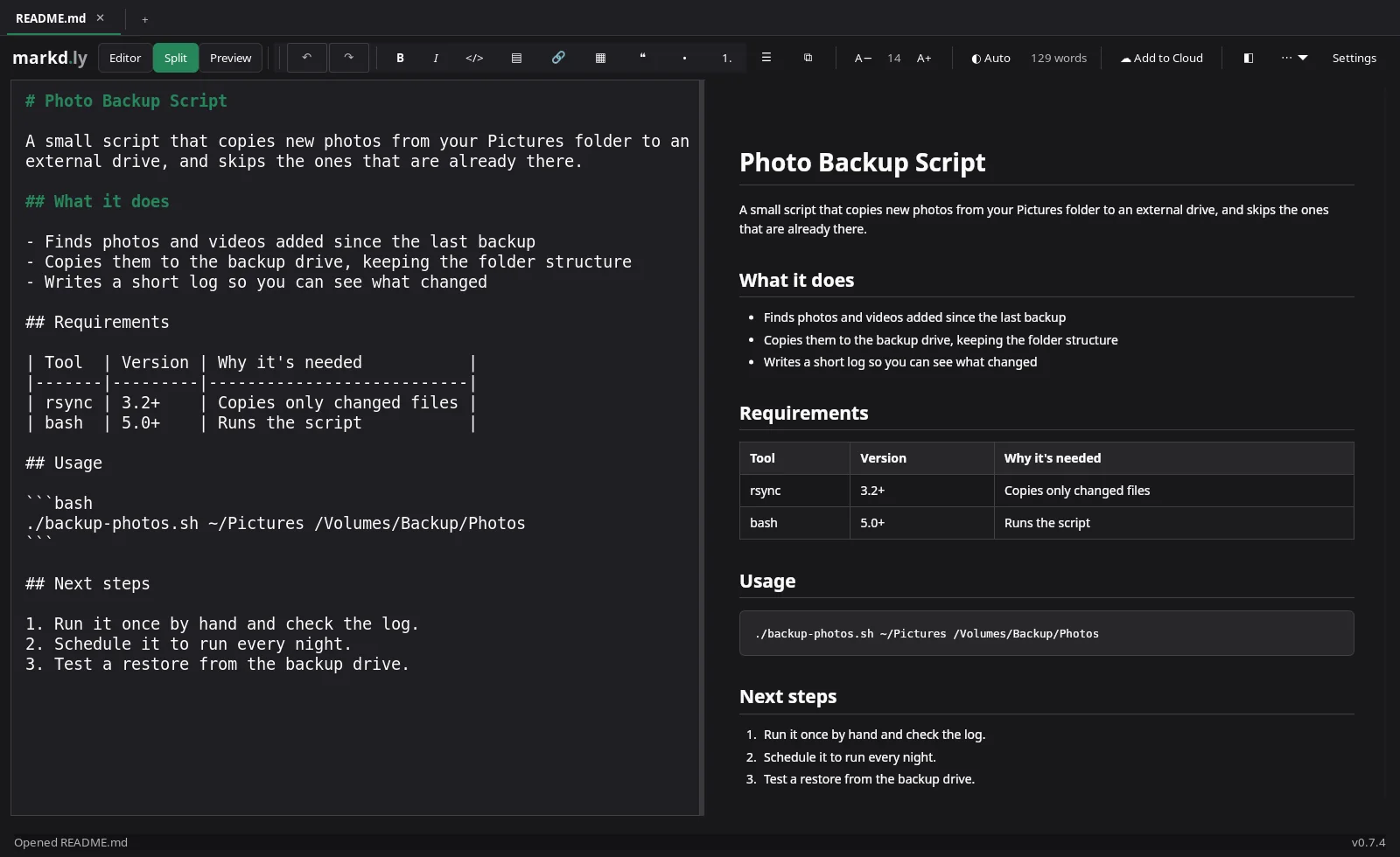 Markd.ly on Linux showing the README in Split view, markdown source on the left and the formatted preview on the right