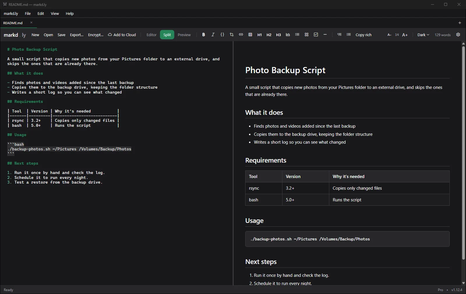 Markd.ly on Windows 11 showing a README file in Split view: markdown source on the left, and on the right the formatted page with headings, a bulleted list, a table and a code block