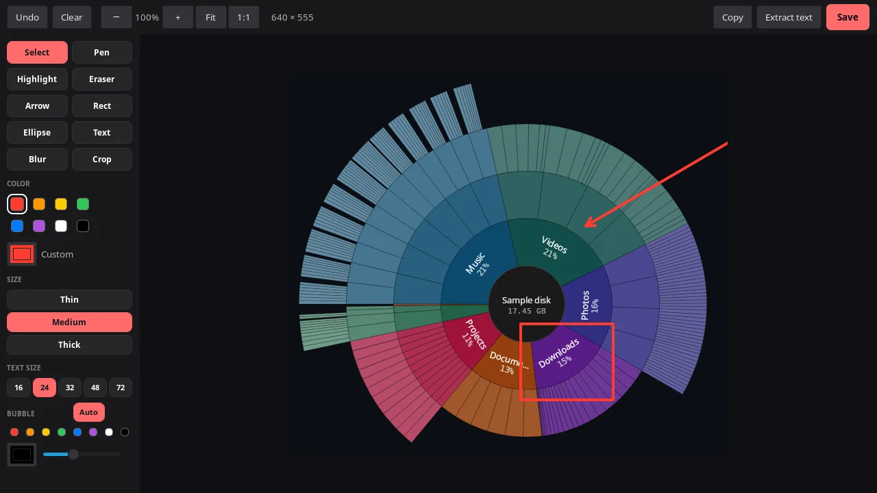 PrintScreen.ly's markup editor on Linux with a region capture of a sunburst chart, a red arrow and a red box drawn on it