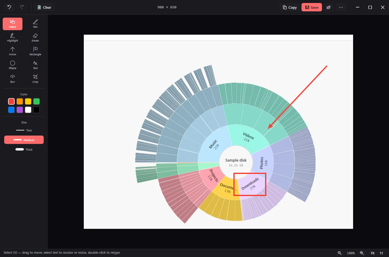 PrintScreen.ly's markup editor on Windows 11 with a region capture of a sunburst chart, a red arrow and a red box drawn on it, and the drawing tools in a panel on the left