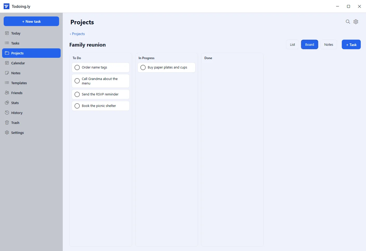 Todoing.ly on Windows 11 showing a Family reunion project as a board, with To Do, In Progress and Done columns and task cards such as Call Grandma about the menu and Book the picnic shelter