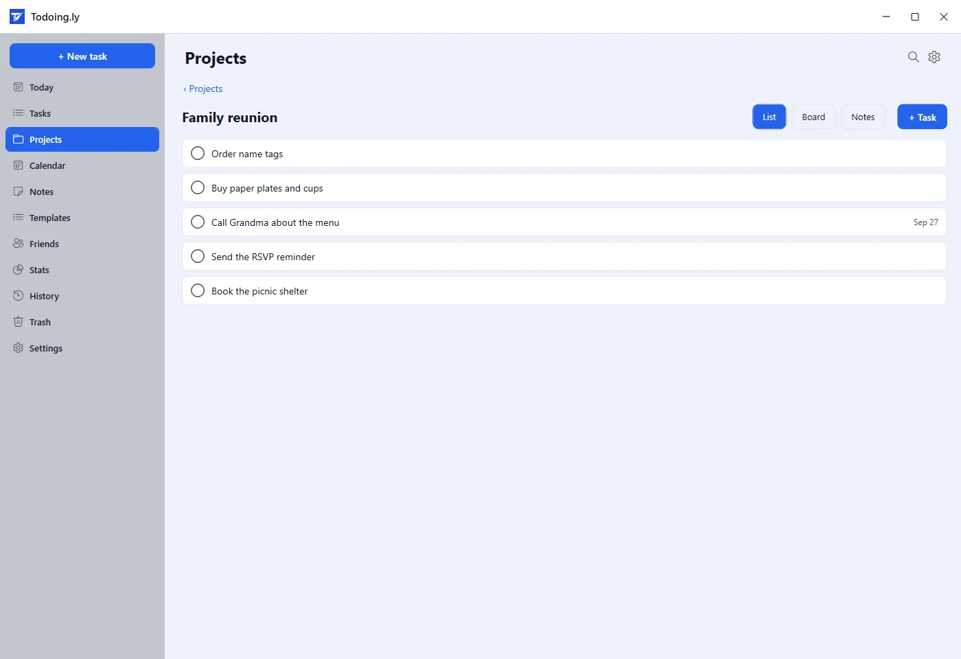 Todoing.ly on Windows 11 showing the same Family reunion project as a list of five tasks, one due Sep 27, with the Today, Tasks, Projects and Calendar views in the sidebar