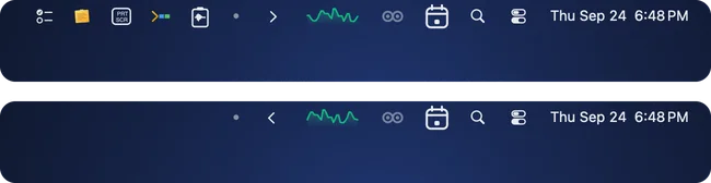 The right side of a Mac menu bar before and after one click on Barmony’s chevron: first five other apps’ icons sit to the left of Barmony’s dot, then they are tucked away, leaving Graf, Sleepover, Calebar, Spotlight, Control Center and the clock.