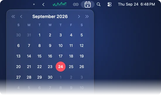 Calebar’s month calendar dropped down from its icon in the Mac menu bar: September 2026, with today, Thursday the 24th, marked in red, and the menu bar running on to the clock.