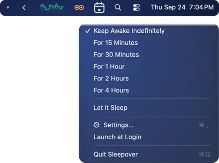 Sleepover’s owl lit amber in the Mac menu bar while it keeps the Mac awake, and its menu: Keep Awake Indefinitely ticked, For 15 Minutes to For 4 Hours, Let It Sleep, Settings, Launch at Login and Quit Sleepover.