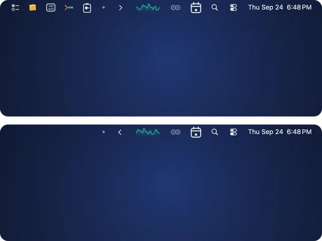 Before and after Barmony: in the top menu bar, other apps’ icons sit to the left of Barmony’s dot; below, one click on the chevron has tucked them away.