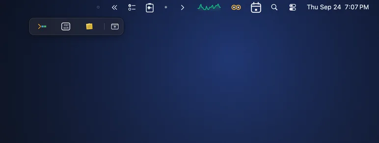 The Barmony Bar on macOS 27: a floating bar under the menu bar with three rarely used apps’ icons, below a menu bar with Barmony’s controls, Graf, Sleepover, Calebar, Spotlight, Control Center and the clock.