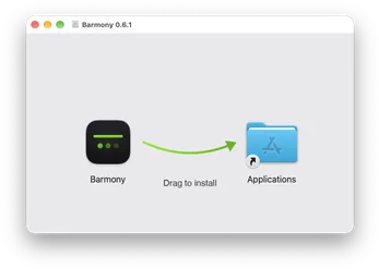 The Barmony disk image window: drag the Barmony icon along the arrow onto the Applications folder to install.