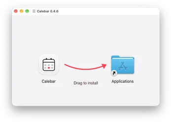 The Calebar disk image window: drag the Calebar icon along the arrow onto the Applications folder to install.