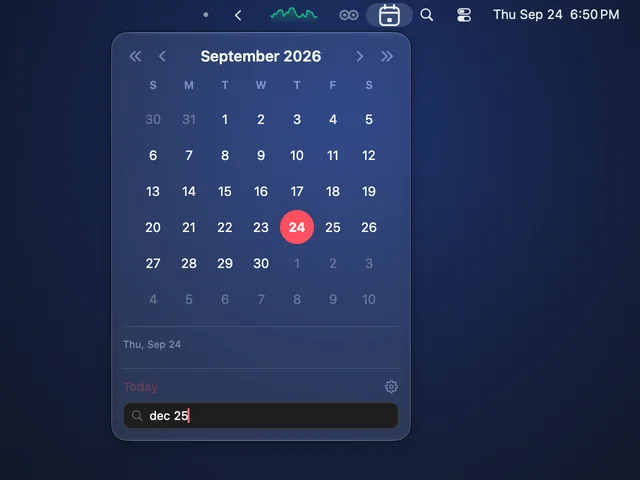 Calebar with dec 25 typed in its Jump to date box, September 2026 still showing and today, the 24th, marked.