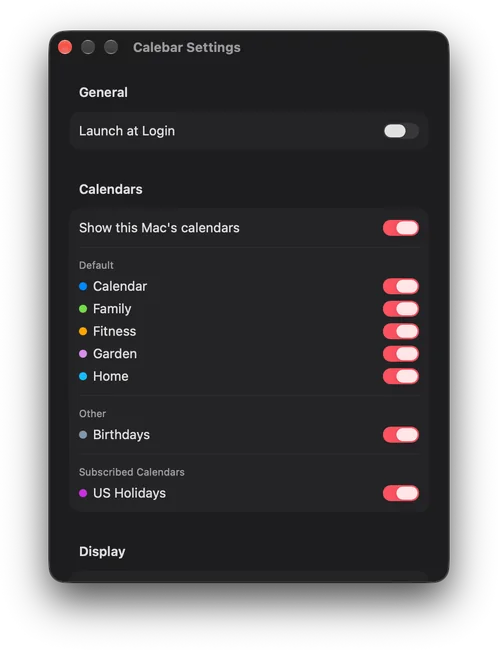 Calebar’s Settings window: Launch at Login off; Show this Mac’s calendars on, with a switch for each calendar, grouped as Default: Calendar, Family, Fitness, Garden and Home; Other: Birthdays; and Subscribed Calendars: US Holidays.