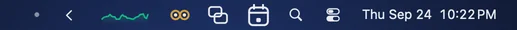 The right side of a Mac menu bar with the five apps: Barmony’s dot and chevron, Graf’s optional live CPU graph, Sleepover’s lit owl eyes, MonitorMonitor’s icon and Calebar, then Spotlight, Control Center and the clock.