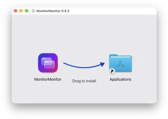 The MonitorMonitor disk image window: drag the MonitorMonitor icon along the arrow onto the Applications folder to install.