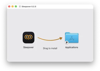 The Sleepover disk image window: drag the Sleepover icon along the arrow onto the Applications folder to install.