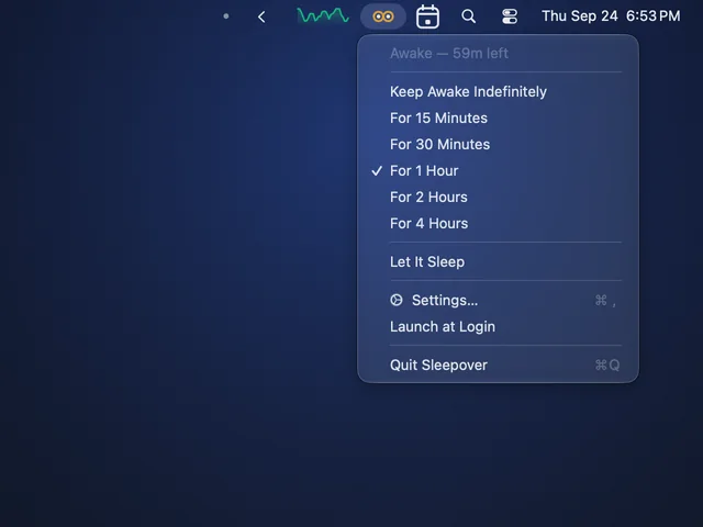 Sleepover’s menu during a one-hour session: Awake, 59m left, with For 1 Hour ticked.