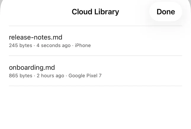 The Cloud Library on an iPhone, listing two documents: one added from an iPhone, one from a Google Pixel 7.
