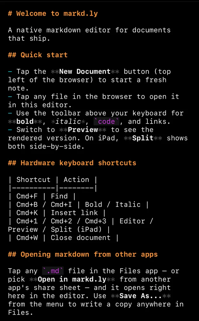Markd.ly on an iPhone in the Editor, dark, with markdown headings, bold, code and a table.