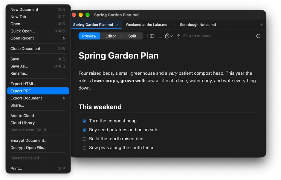 Markd.ly’s File menu open on Export PDF, with Export HTML above it and Export Document below, next to a garden plan in Preview.