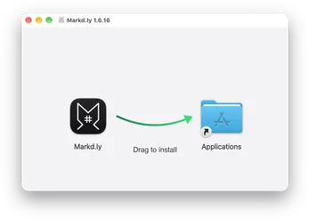 The Markd.ly disk image window: drag the Markd.ly icon along the arrow onto the Applications folder to install.