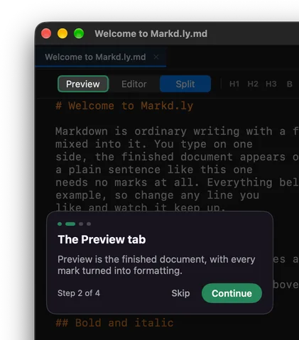 Step 2 of Markd.ly’s first-run tour: The Preview tab. Preview is the finished document, with every mark turned into formatting.