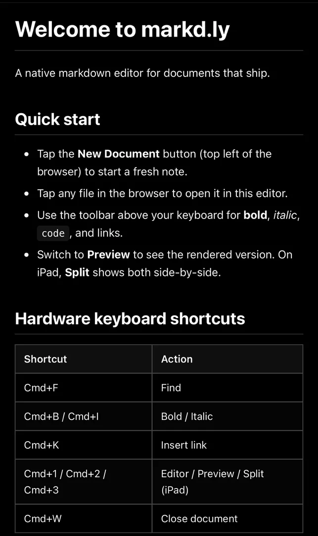 Markd.ly on an iPhone in Preview, dark, the same document rendered with headings, a list and a table.