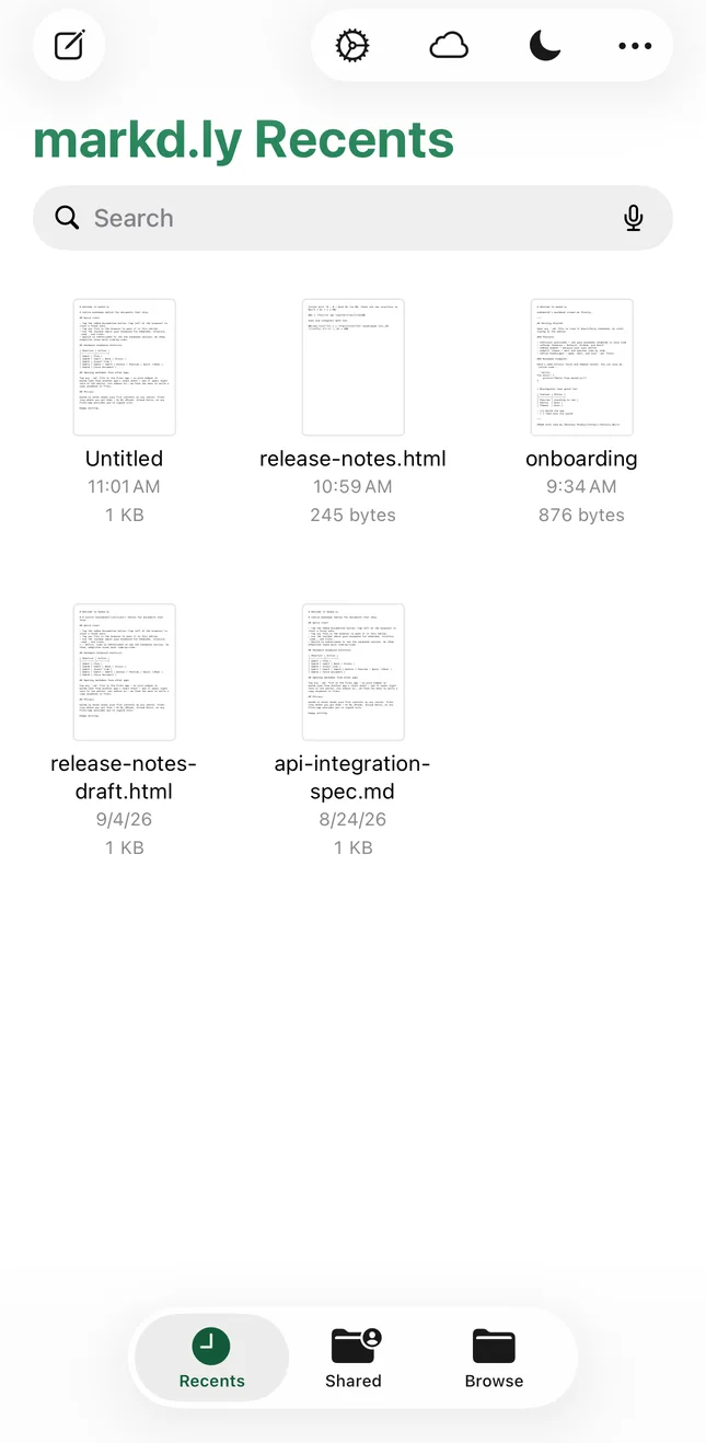 Markd.ly Recents on an iPhone: markdown and HTML files, with Recents, Shared and Browse along the bottom.