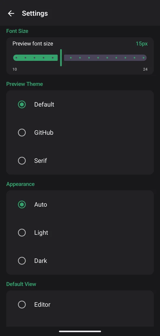 Markd.ly settings on an Android phone: preview font size, the Default, GitHub and Serif themes, and Auto, Light or Dark.