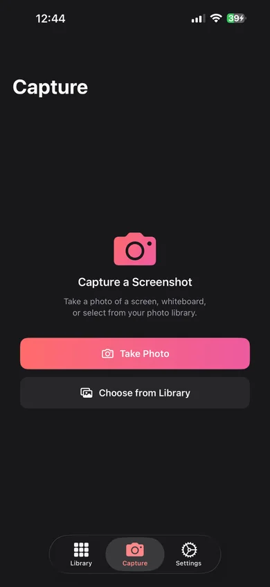 PrintScreen.ly’s Capture tab on an iPhone: take a photo of a screen, whiteboard, or pick one from your photo library.