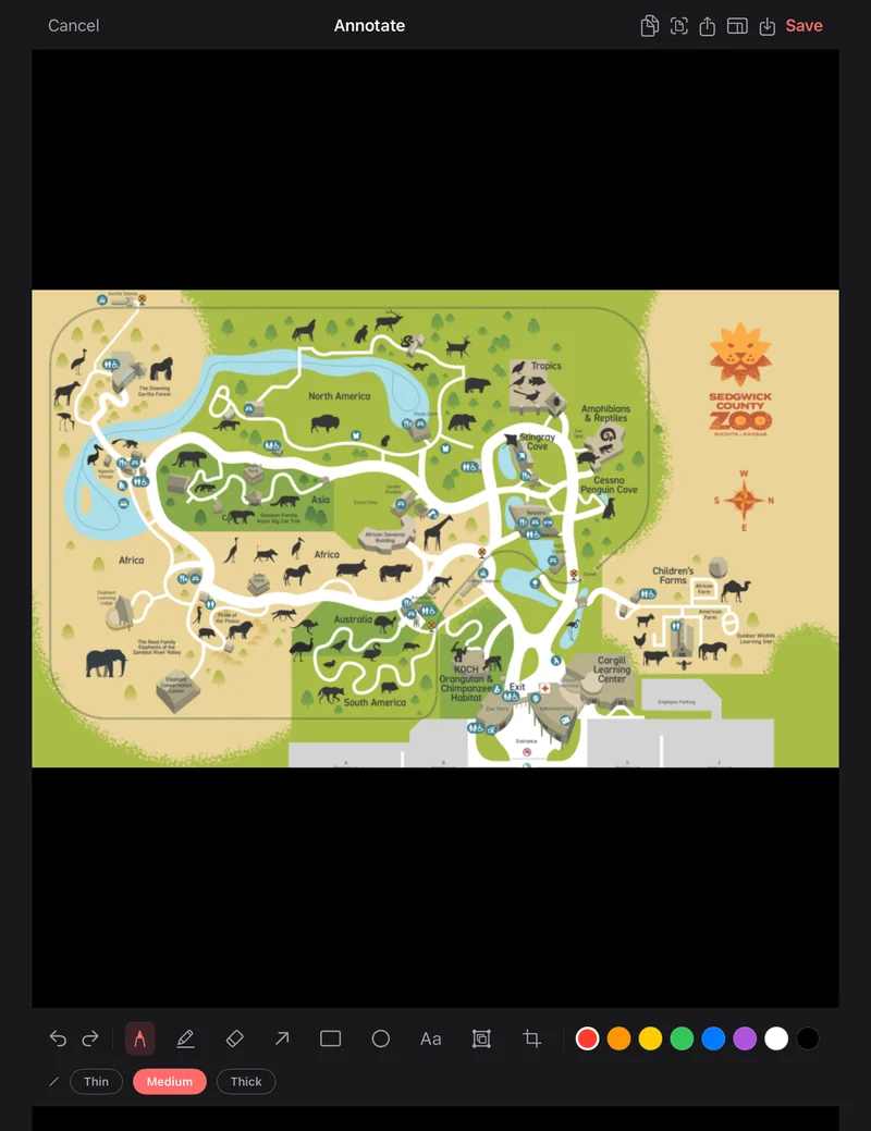 PrintScreen.ly’s editor on an iPad, with a zoo map open and the tool bar and colours along the bottom.