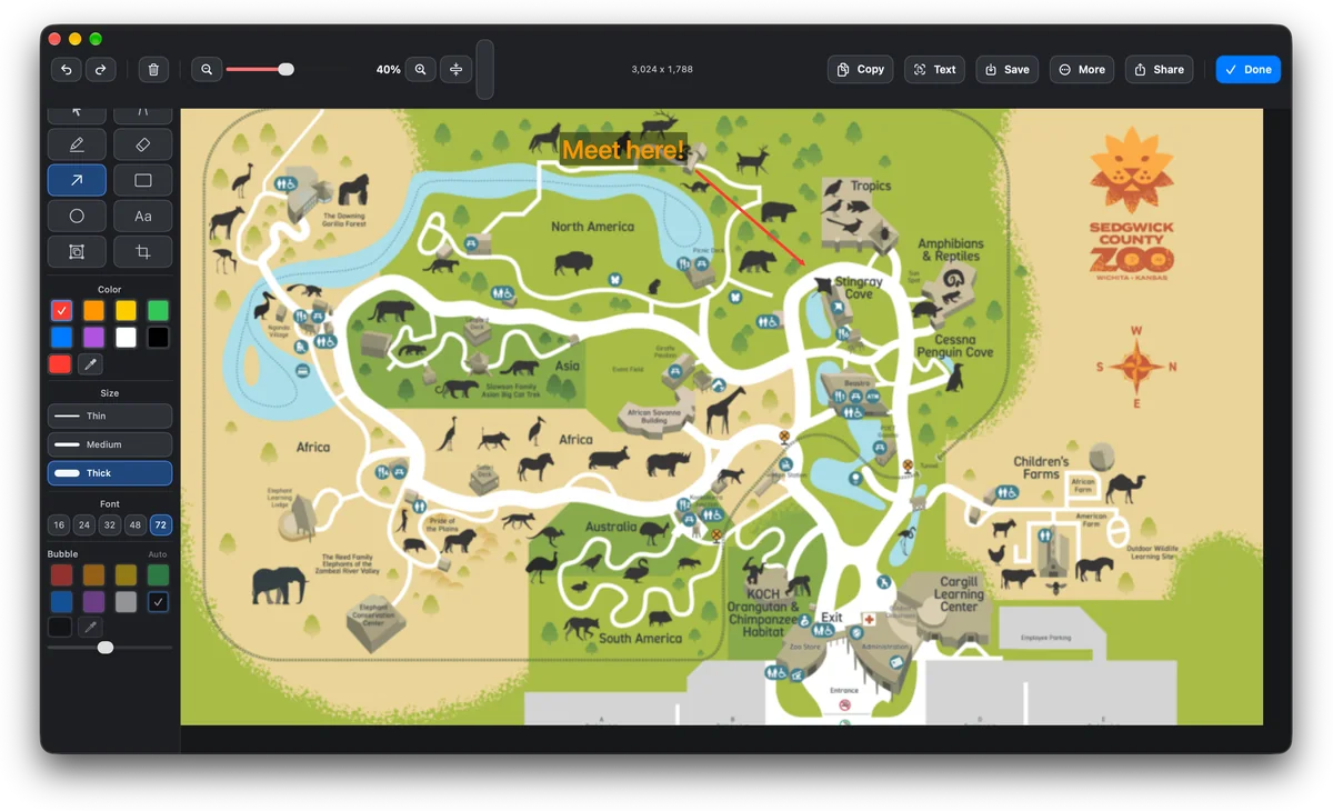 PrintScreen.ly’s Markup Editor on a Mac holding a region capture of a zoo map, 3,024 x 1,788 at 40%, marked up with an orange “Meet here!” label and a red arrow, with the markup tools, colours, line sizes, font sizes and bubble colours on the left, and Copy, Text, Save, More, Share and Done above.
