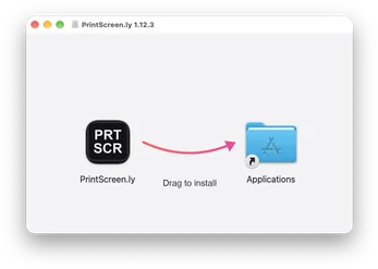 The PrintScreen.ly disk image window: drag the PrintScreen.ly icon along the arrow onto the Applications folder to install.