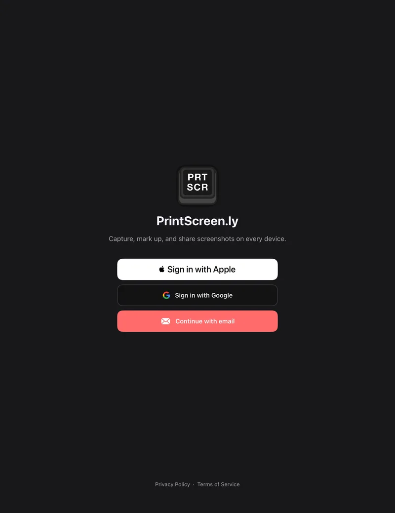 PrintScreen.ly’s sign-in on an iPad, with the PRT SCR key icon: Sign in with Apple, Sign in with Google or Continue with email.