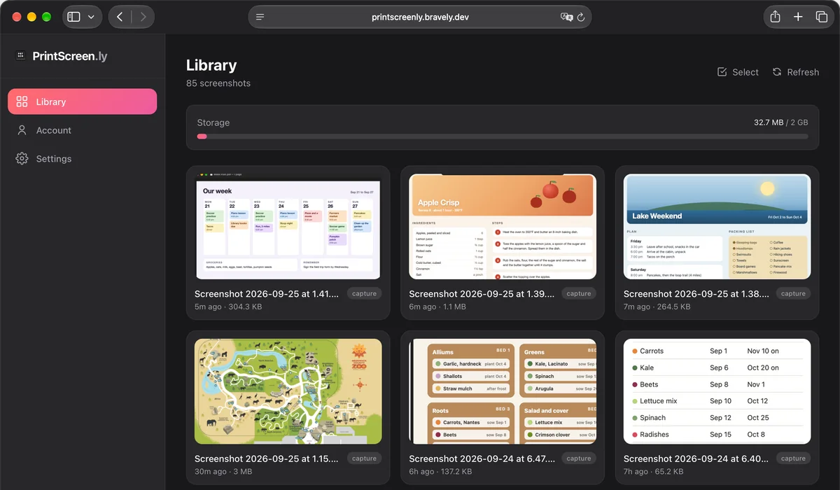 PrintScreen.ly’s library on the web, in a browser at printscreenly.bravely.dev: Library, 85 screenshots, Storage 32.7 MB / 2 GB, and cards for a week plan, an apple crisp recipe, a lake weekend itinerary, a zoo map and two garden plans.