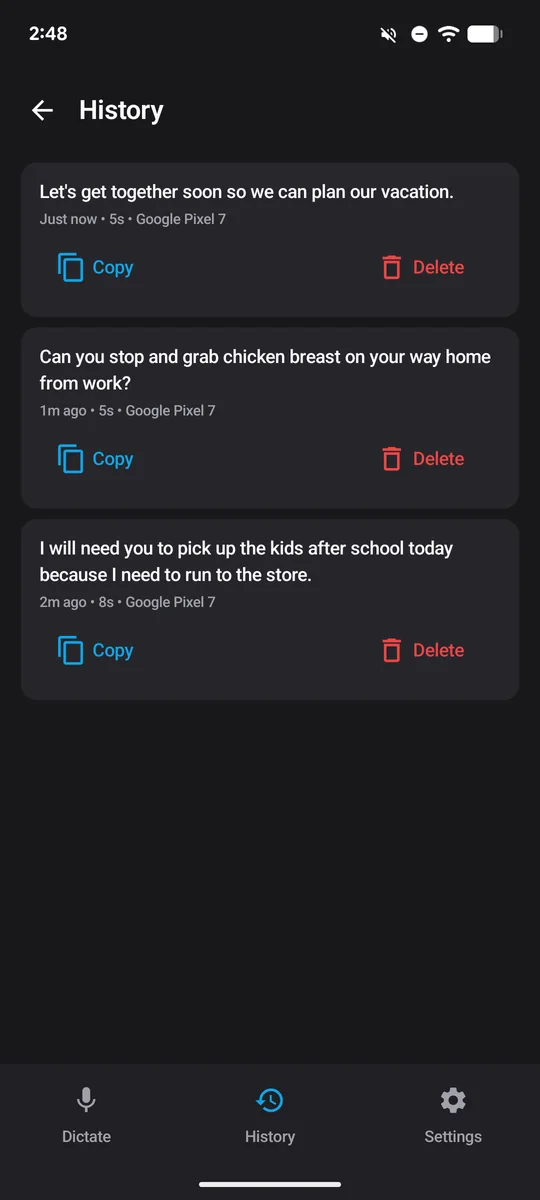 SayCopyPaste History on Android: three transcripts, each with Copy and Delete.